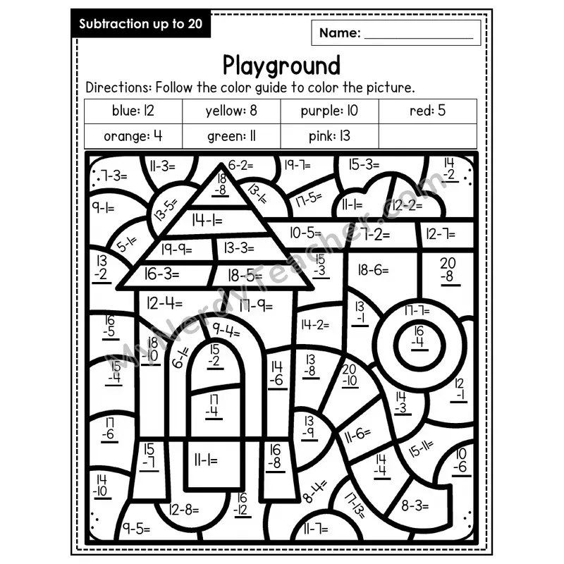 Subtraction to 20 Color by Number — Playground (Page 7)