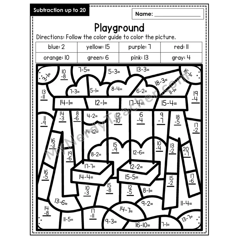 Subtraction to 20 Color by Number — Playground (Page 4)