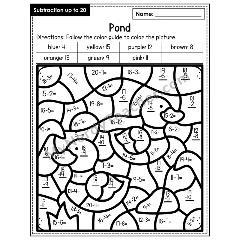Subtraction to 20 Color by Number — Pond (Page 2)