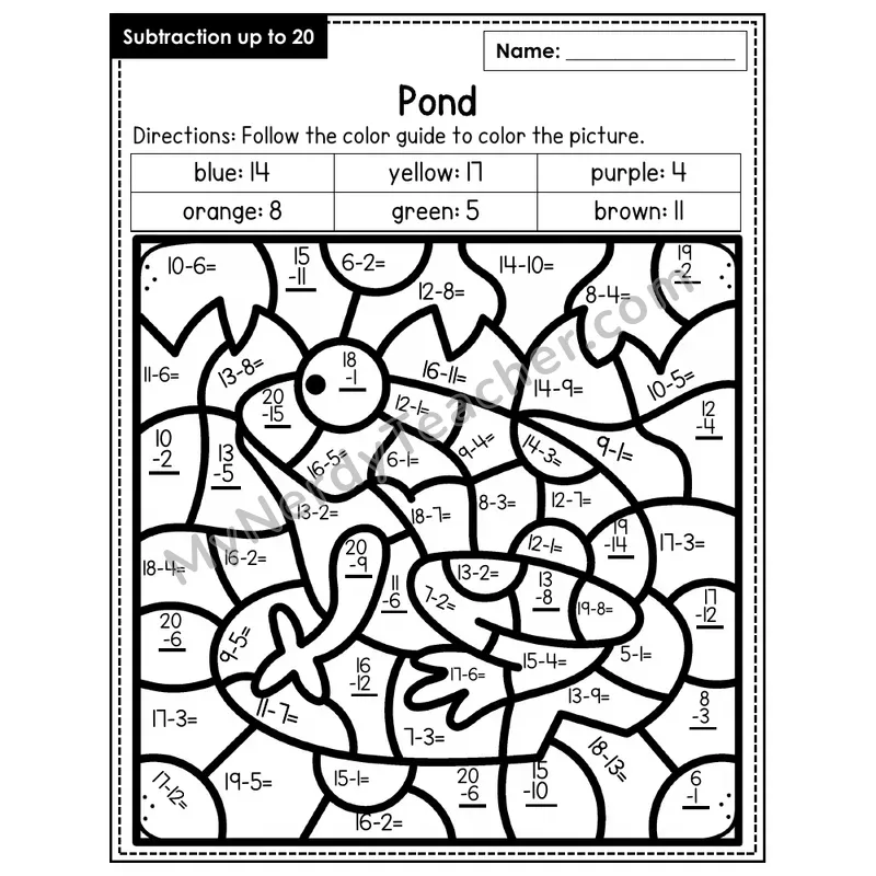Subtraction to 20 Color by Number — Pond (Page 4)