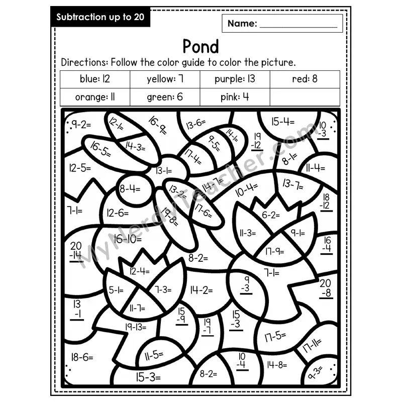 Subtraction to 20 Color by Number — Pond (Page 6)