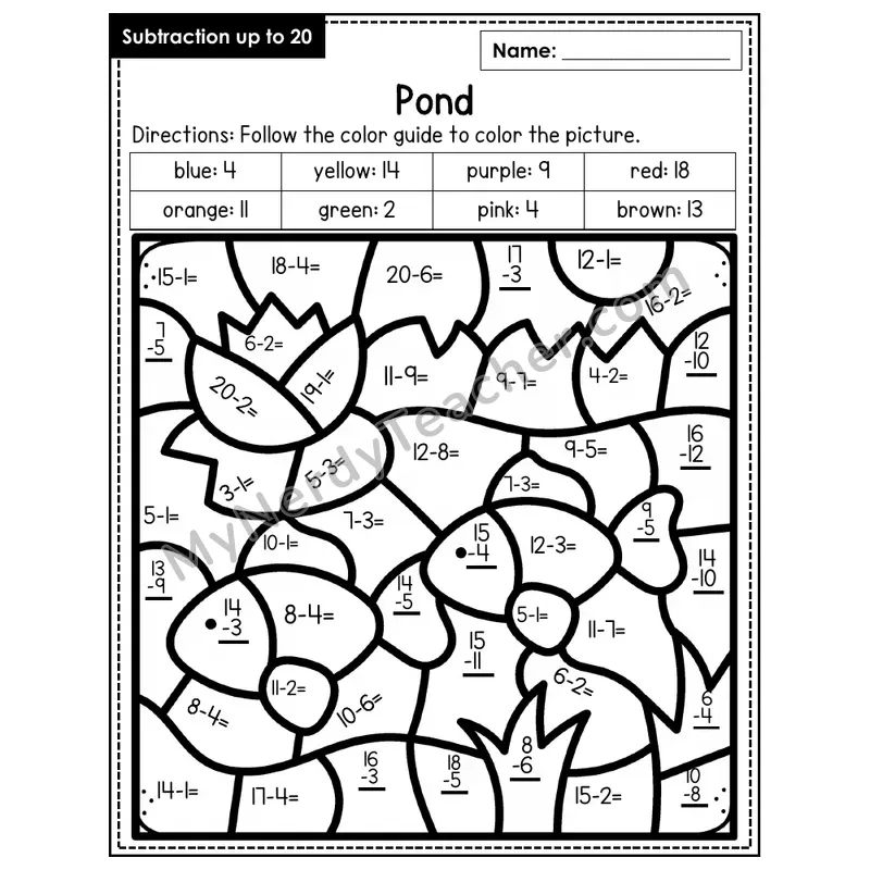 Subtraction to 20 Color by Number — Pond (Page 8)