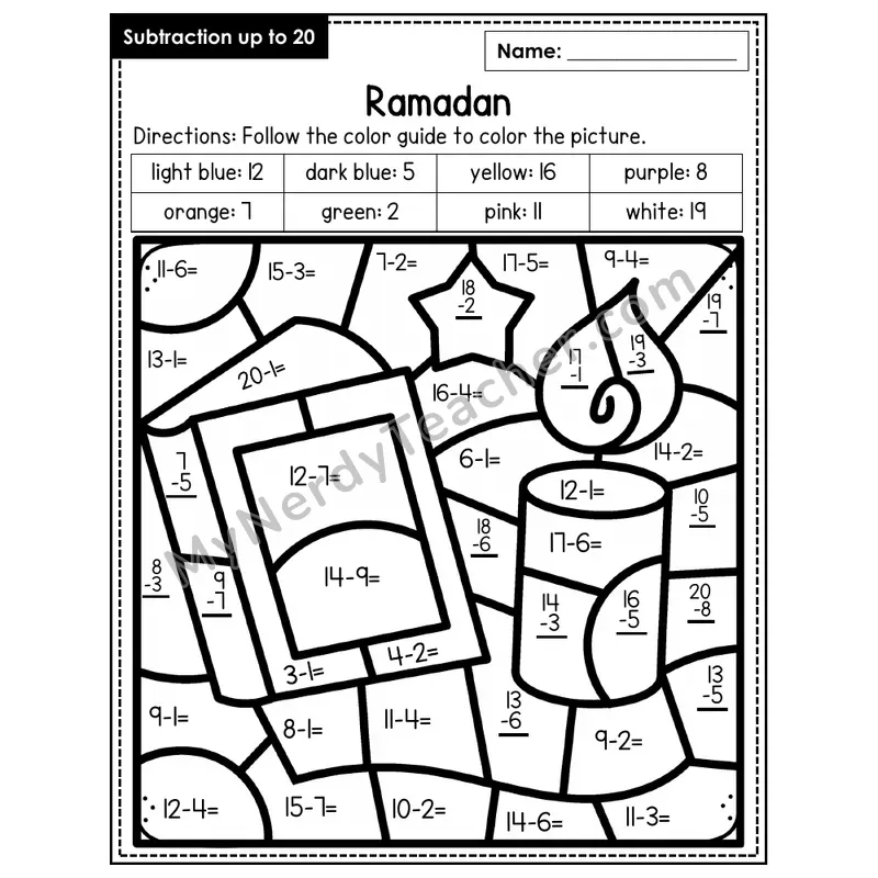 Subtraction to 20 Color by Number — Ramadan (Page 4)