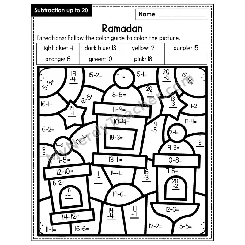 Subtraction to 20 Color by Number — Ramadan (Page 2)