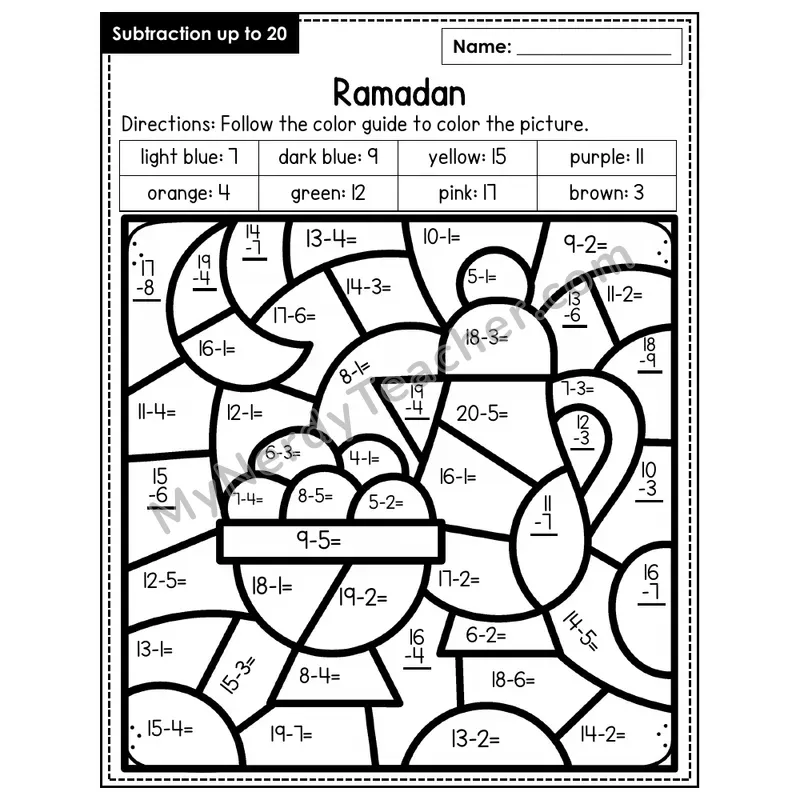 Subtraction to 20 Color by Number — Ramadan (Page 3)