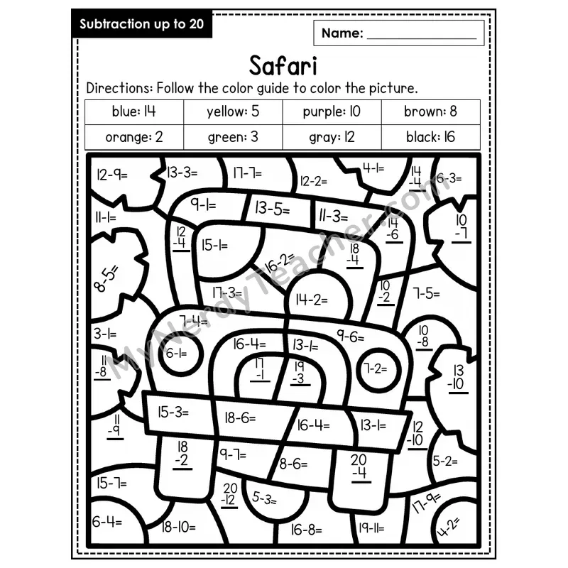 Subtraction to 20 Color by Number — Safari (Page 3)
