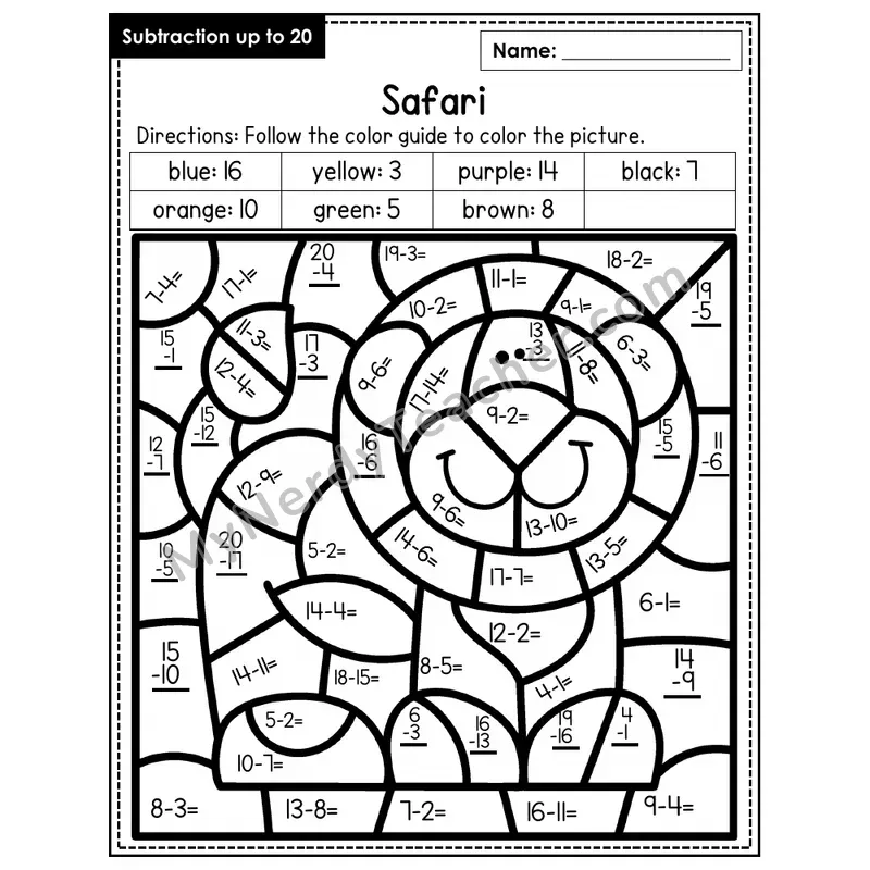 Subtraction to 20 Color by Number — Safari (Page 2)