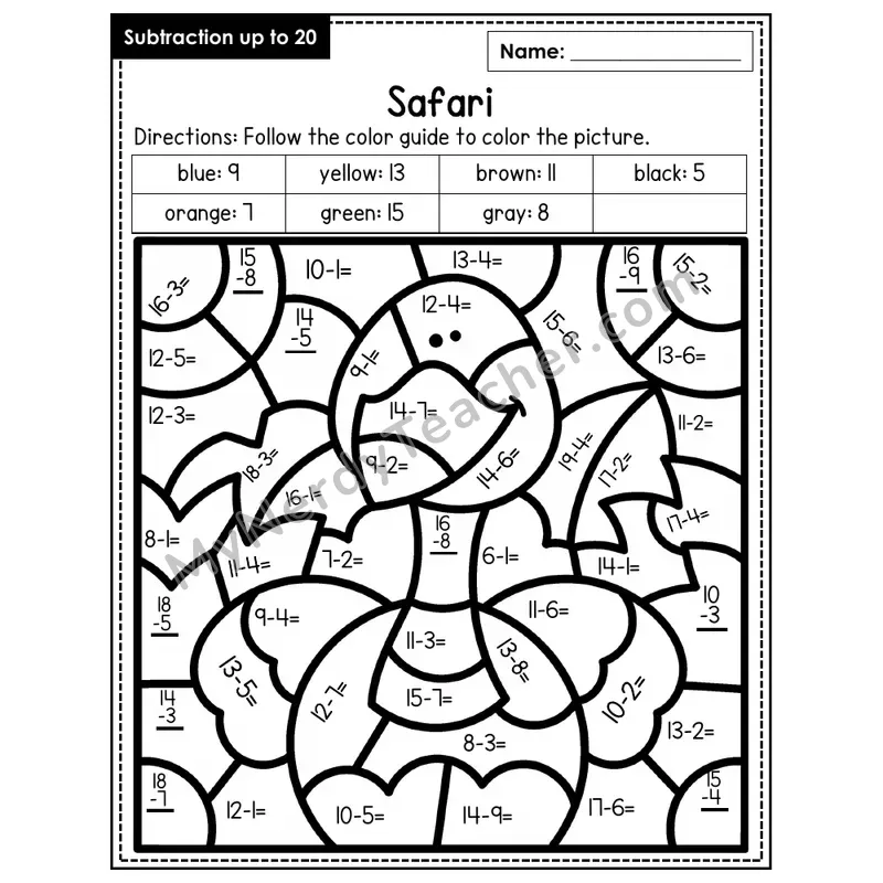 Subtraction to 20 Color by Number — Safari (Page 4)