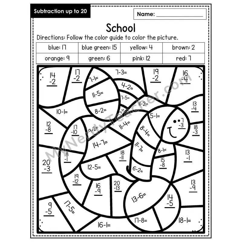 Subtraction to 20 Color by Number — School (Page 1)