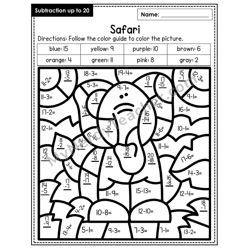 Subtraction to 20 Color by Number — Safari (Page 6)