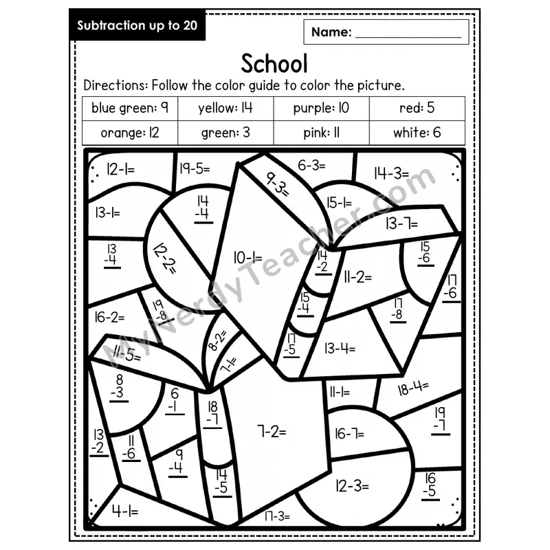 Subtraction to 20 Color by Number — School (Page 2)