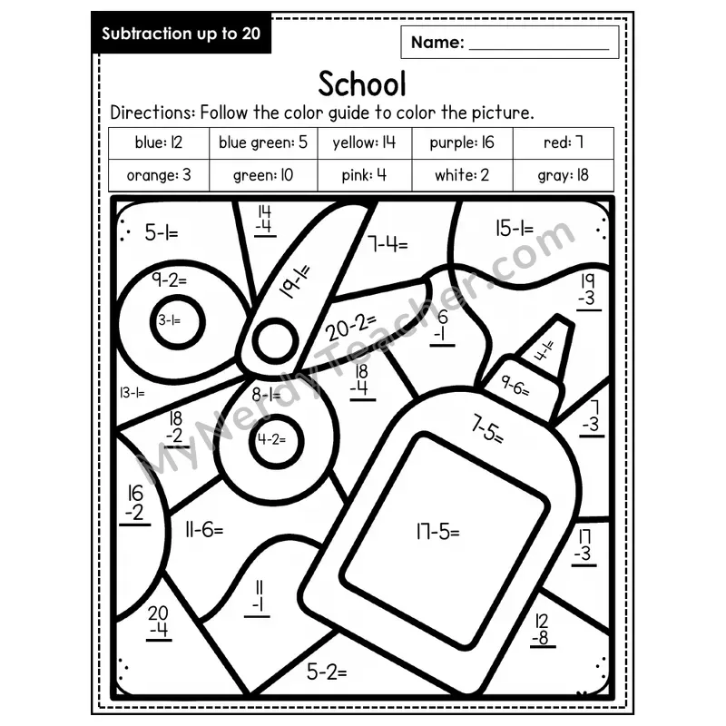 Subtraction to 20 Color by Number — School (Page 6)
