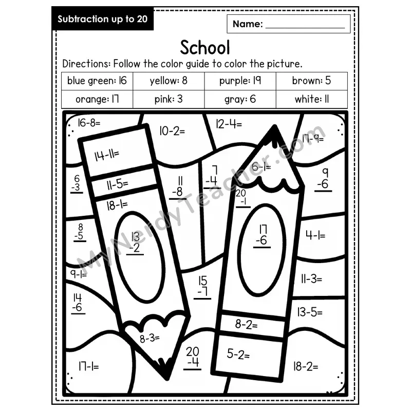 Subtraction to 20 Color by Number — School (Page 5)