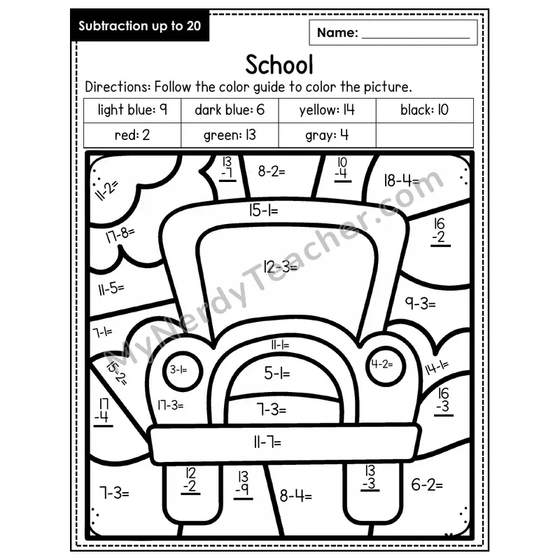 Subtraction to 20 Color by Number — School (Page 4)
