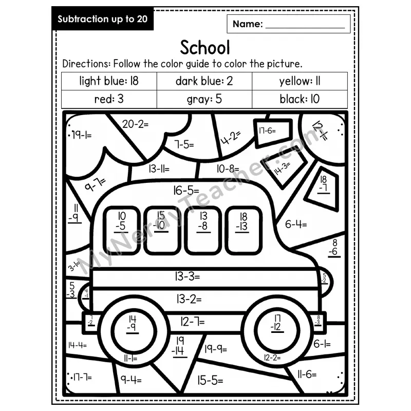 Subtraction to 20 Color by Number — School (Page 3)