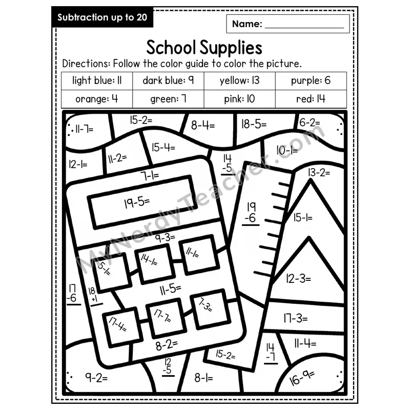Subtraction to 20 Color by Number — School Supplies (Page 5)