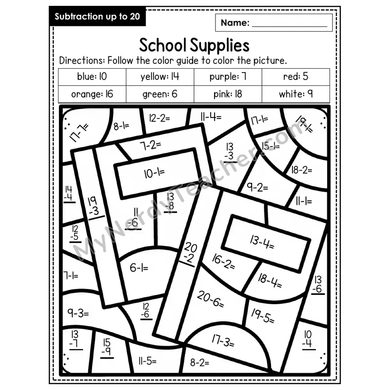 Subtraction to 20 Color by Number — School Supplies (Page 2)