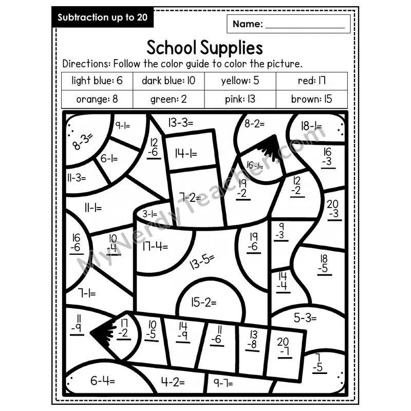 Subtraction to 20 Color by Number — School Supplies (Page 6)