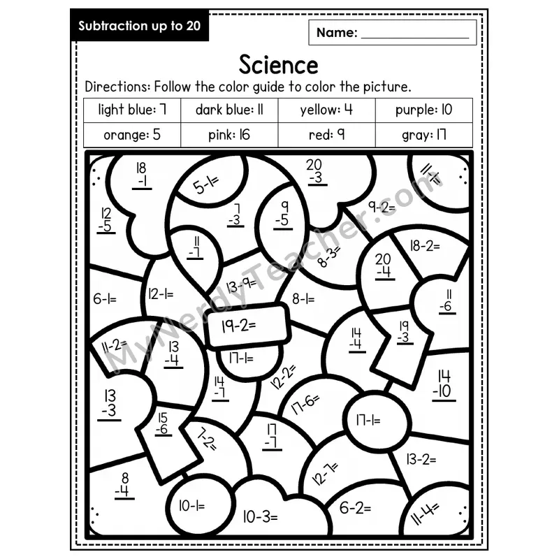 Subtraction to 20 Color by Number — Science (Page 1)