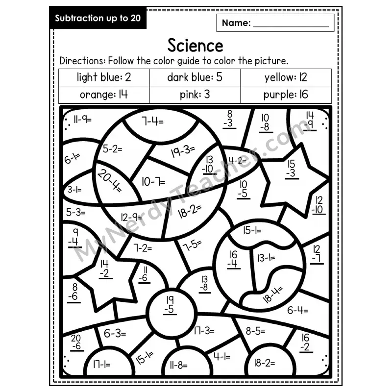 Subtraction to 20 Color by Number — Science (Page 2)