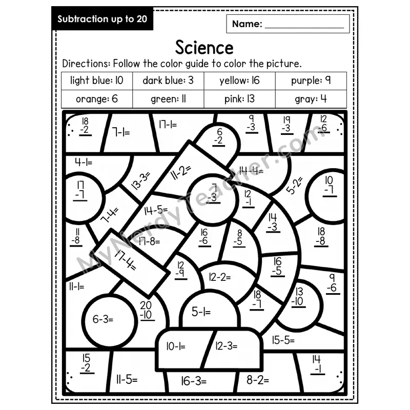 Subtraction to 20 Color by Number — Science (Page 7)