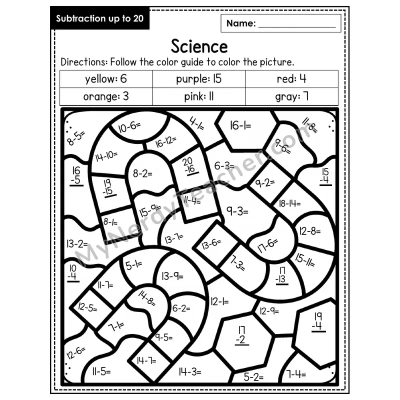 Subtraction to 20 Color by Number — Science (Page 4)