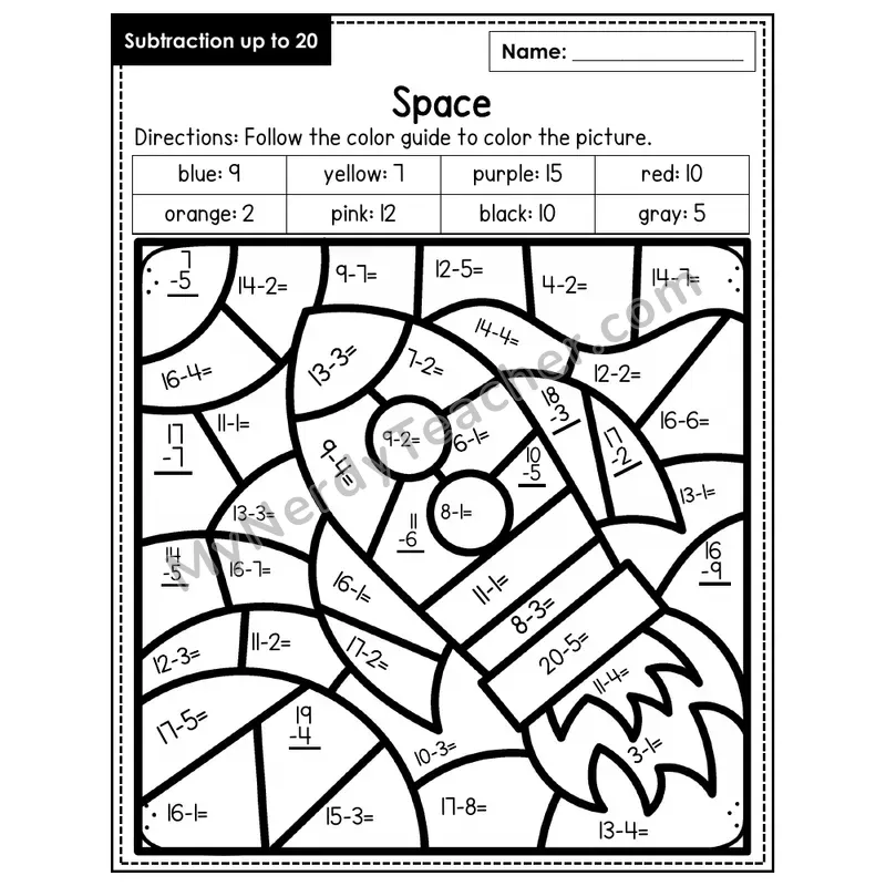Subtraction to 20 Color by Number — Space (Page 4)