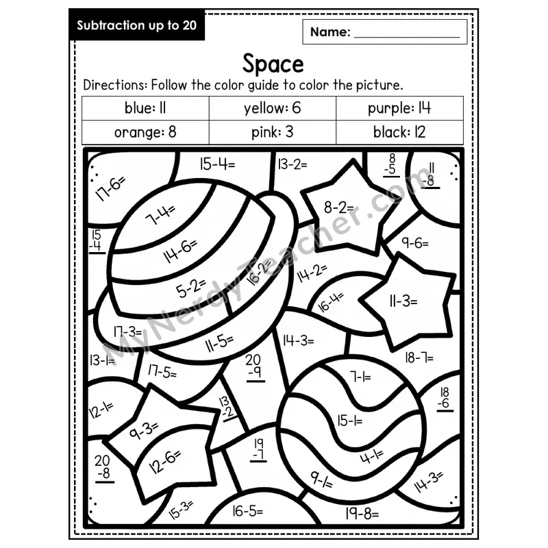 Subtraction to 20 Color by Number — Space (Page 2)