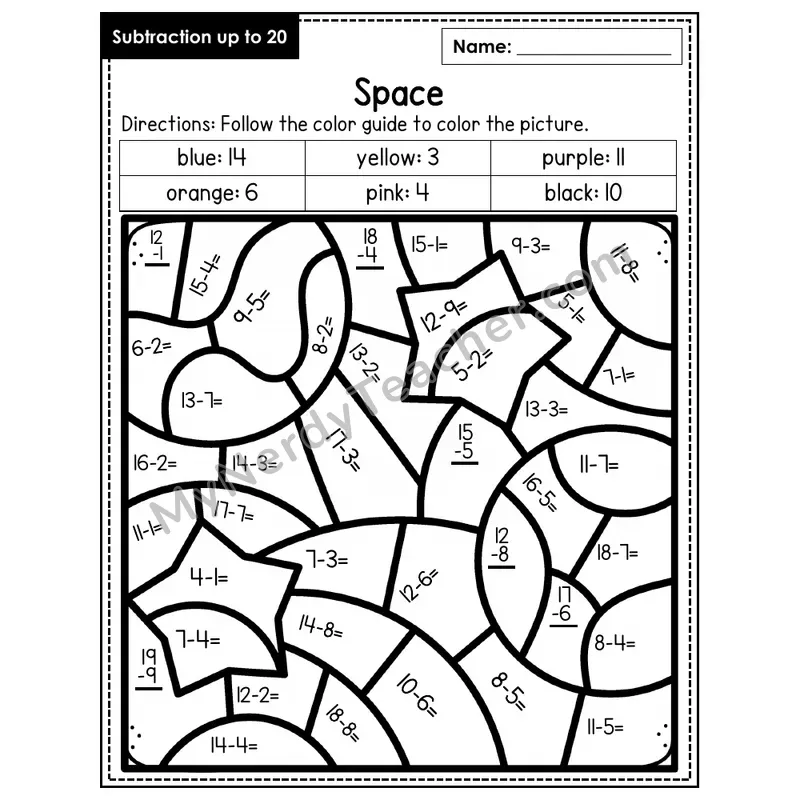 Subtraction to 20 Color by Number — Space (Page 6)