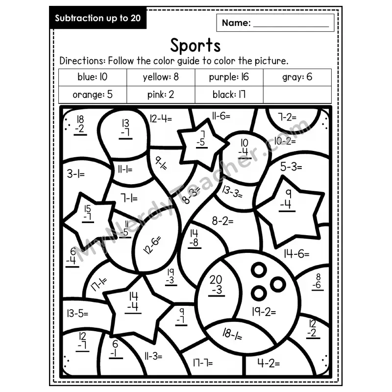 Subtraction to 20 Color by Number — Sports (Page 3)