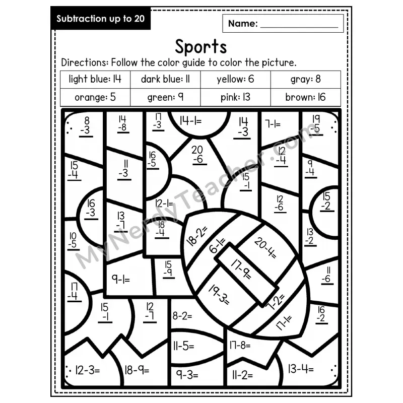 Subtraction to 20 Color by Number — Sports (Page 4)