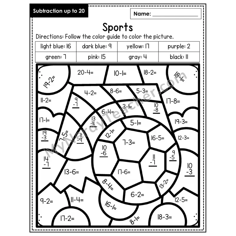 Subtraction to 20 Color by Number — Sports (Page 7)