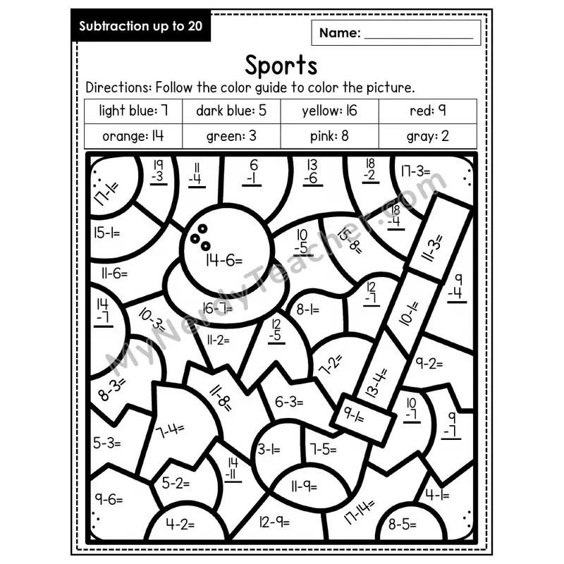 Subtraction to 20 Color by Number — Sports (Page 5)