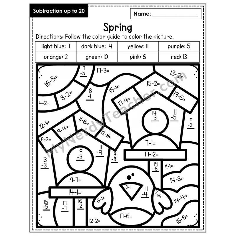 Subtraction to 20 Color by Number — Spring (Page 1)
