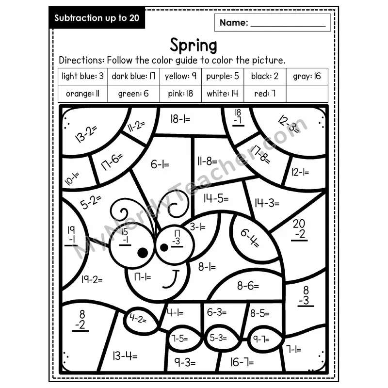 Subtraction to 20 Color by Number — Spring (Page 5)