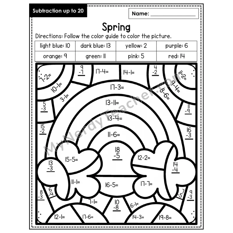 Subtraction to 20 Color by Number — Spring (Page 6)