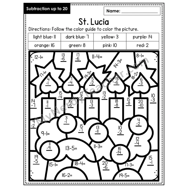 Subtraction to 20 Color by Number — St. Lucia (Page 1)