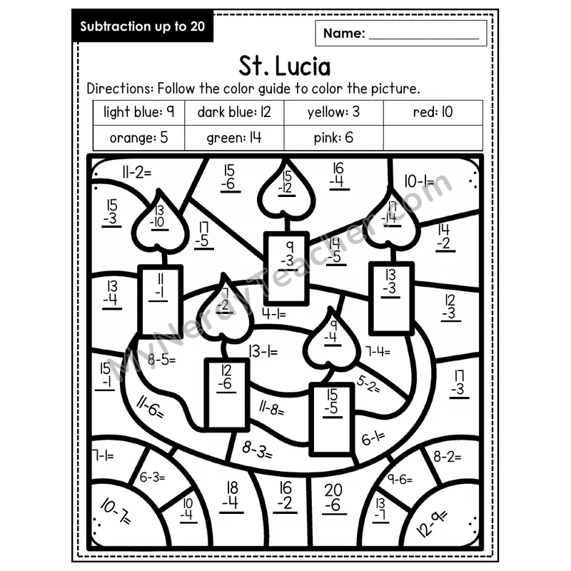 Subtraction to 20 Color by Number — St. Lucia (Page 3)