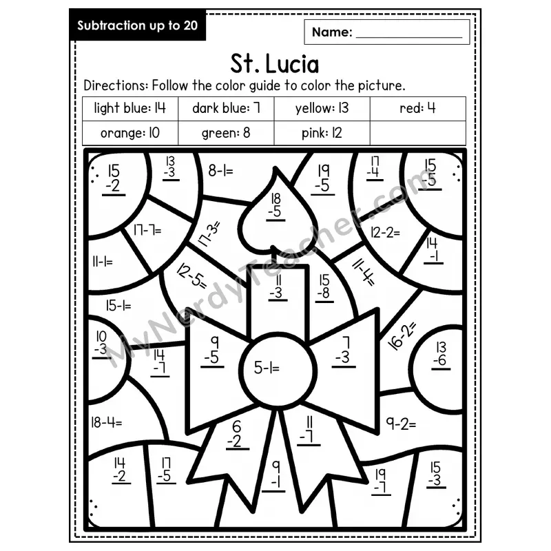 Subtraction to 20 Color by Number — St. Lucia (Page 4)
