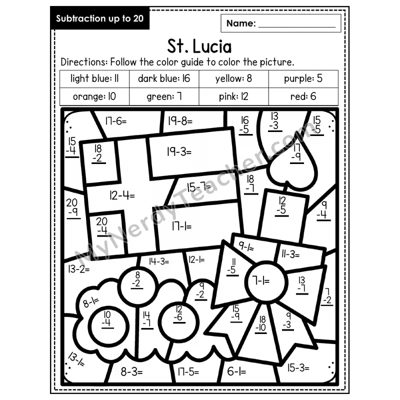 Subtraction to 20 Color by Number — St. Lucia (Page 6)
