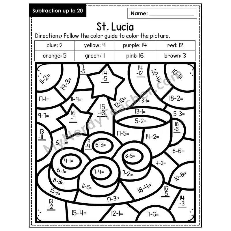 Subtraction to 20 Color by Number — St. Lucia (Page 5)