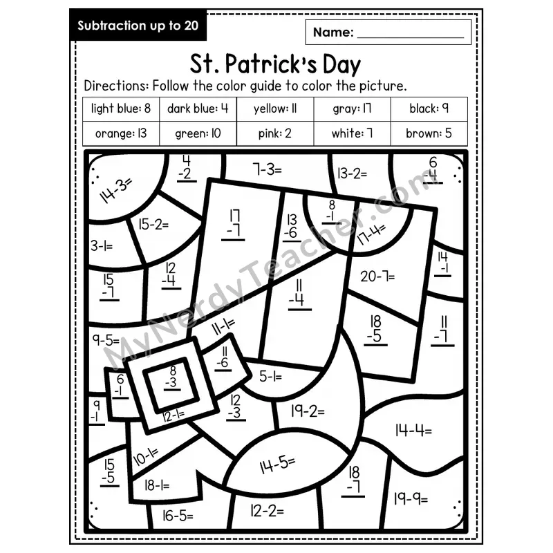 Subtraction to 20 Color by Number — St. Patrick's Day (Page 1)