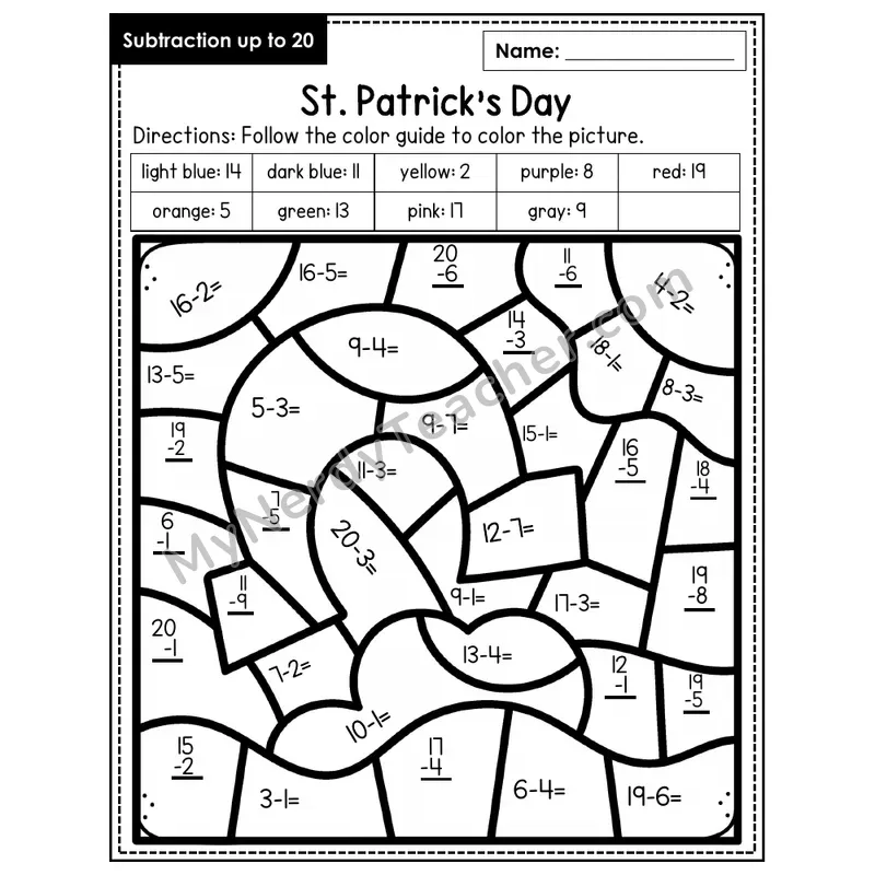 Subtraction to 20 Color by Number — St. Patrick's Day (Page 2)