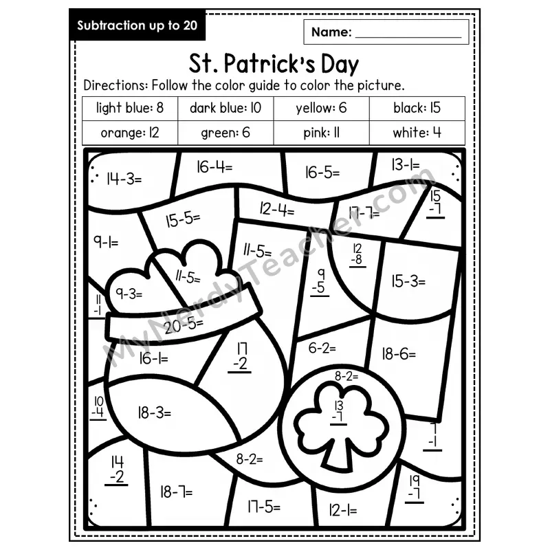 Subtraction to 20 Color by Number — St. Patrick's Day (Page 5)