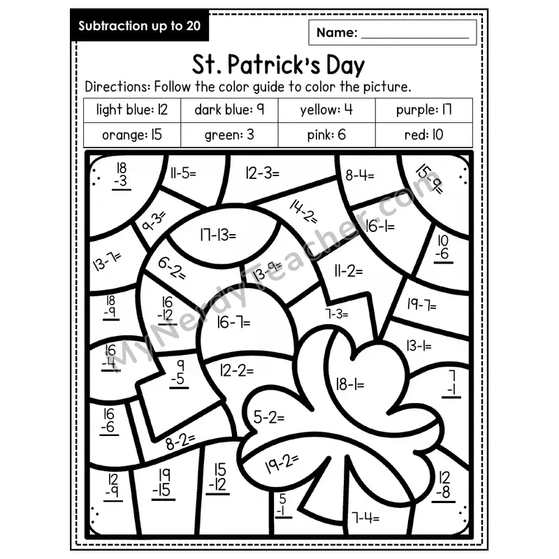 Subtraction to 20 Color by Number — St. Patrick's Day (Page 6)