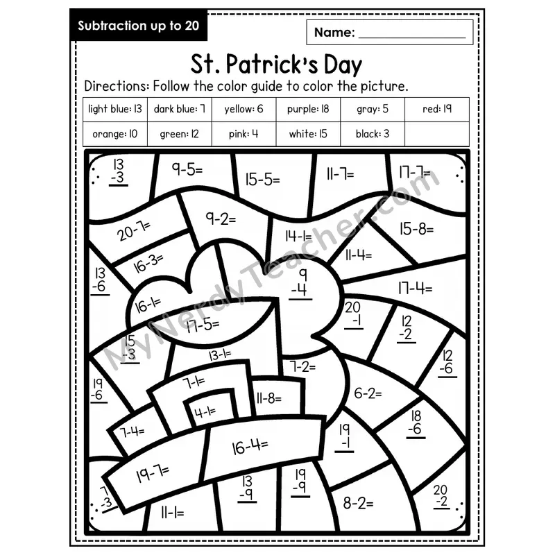 Subtraction to 20 Color by Number — St. Patrick's Day (Page 7)