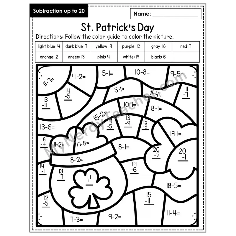Subtraction to 20 Color by Number — St. Patrick's Day (Page 4)