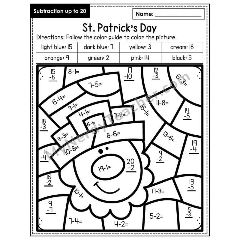 Subtraction to 20 Color by Number — St. Patrick's Day (Page 3)