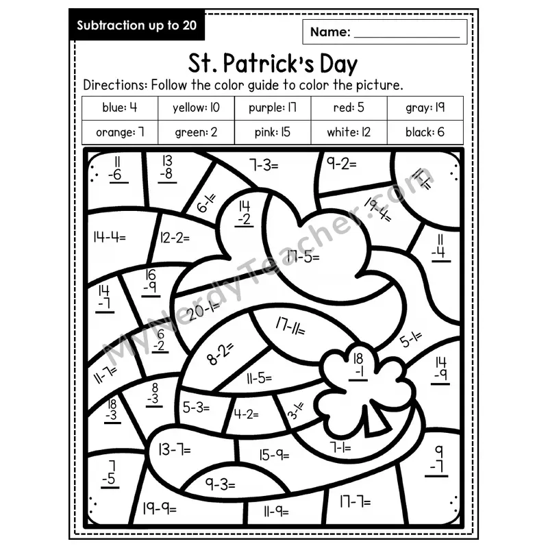 Subtraction to 20 Color by Number — St. Patrick's Day (Page 8)