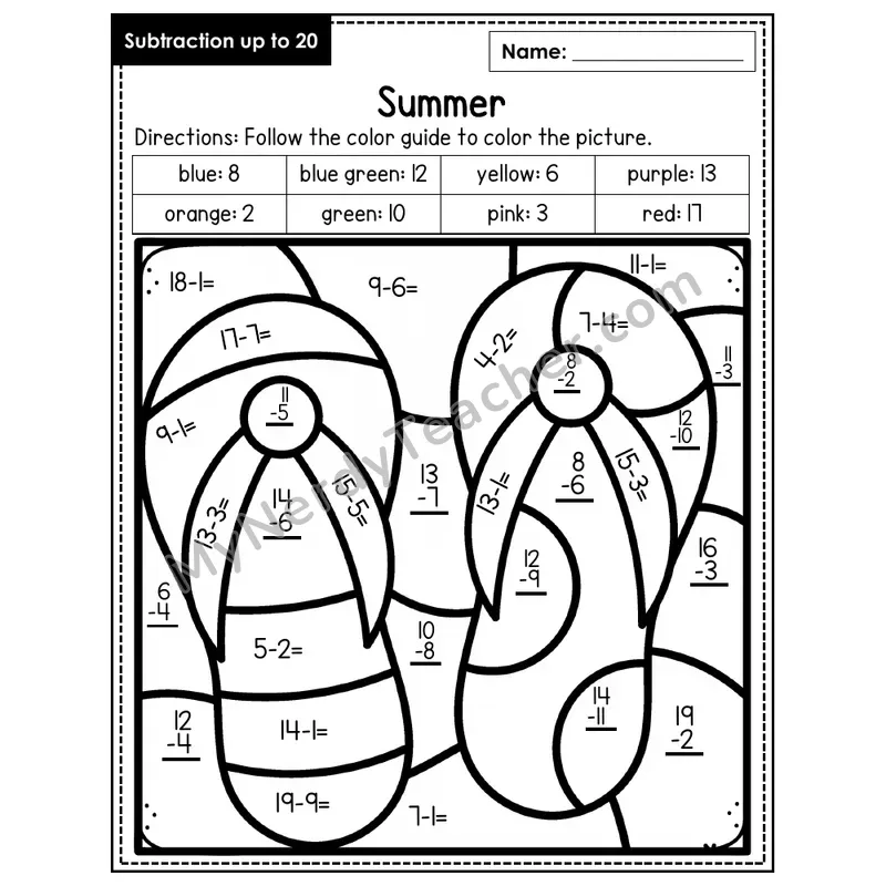 Subtraction to 20 Color by Number — Summer (Page 4)
